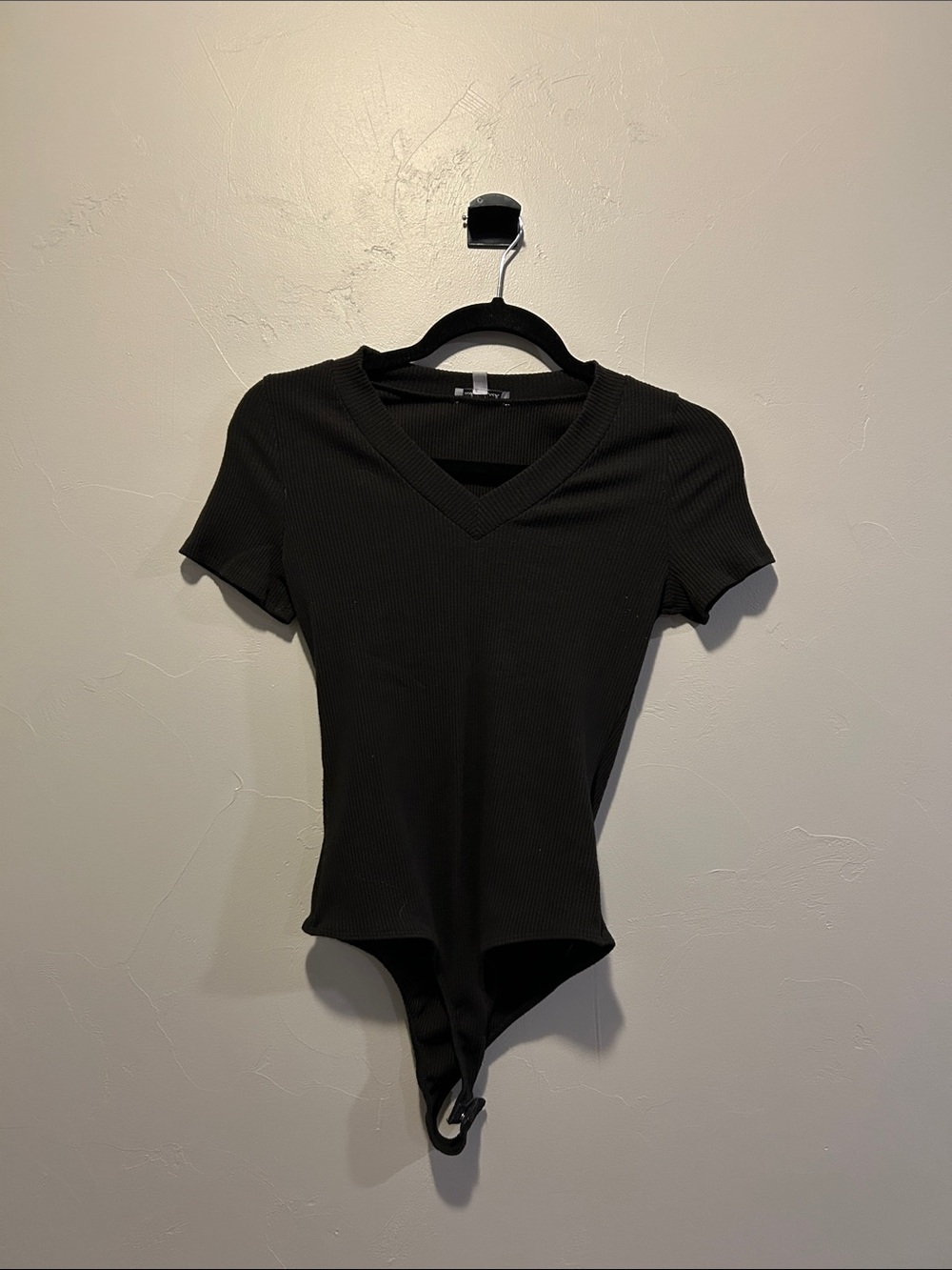 White Birch Black Ribbed V-Neck Short Sleeve Bodysuit
